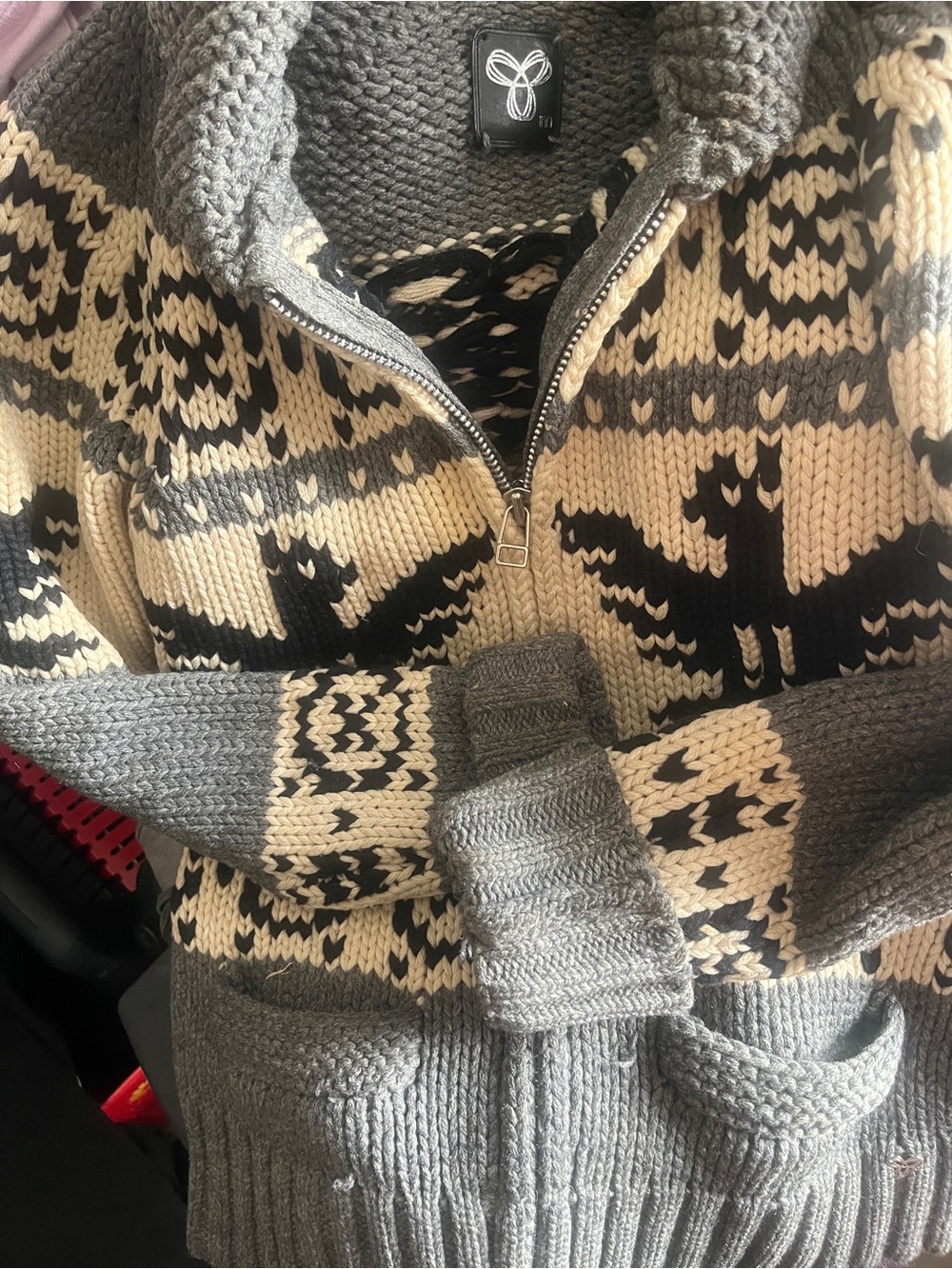 Tna Cowichan eagle zip cardigan Gray and Cream Knit Zip-Up Sweater - Aritzia